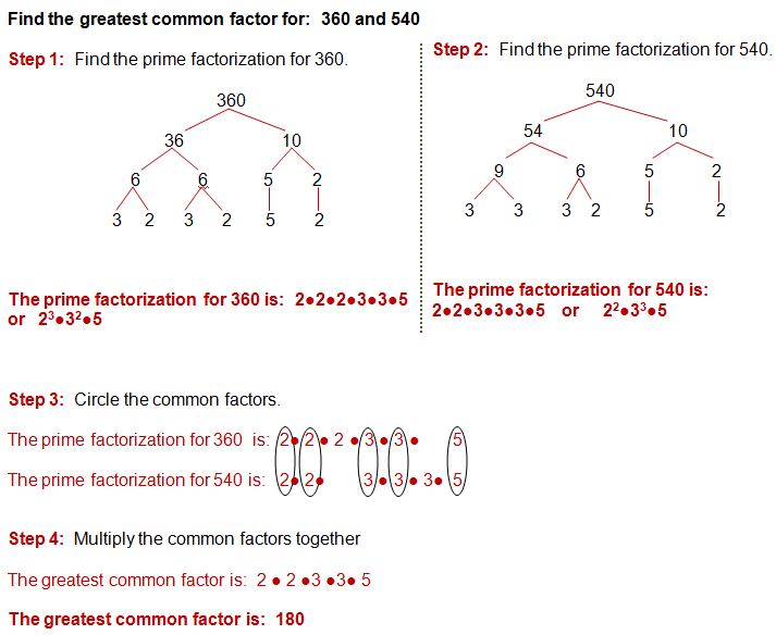 find the gcf of 360 and 540 using factor trees