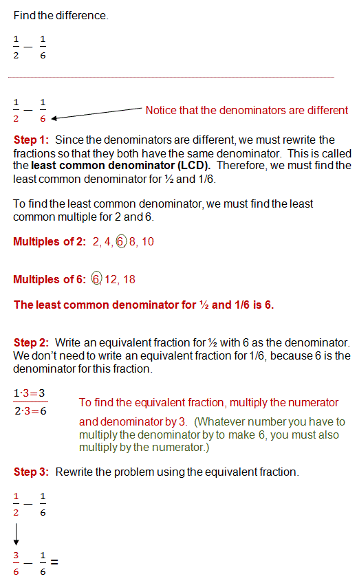 Subtracting Fractions with Unlike Denominators