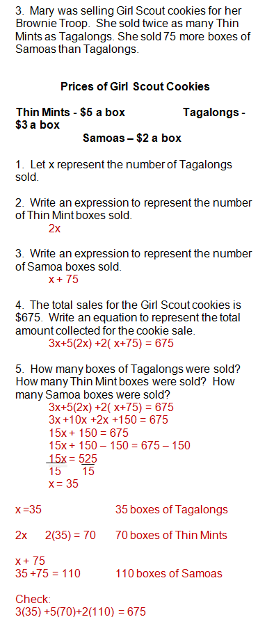 Algebra word problem formulas