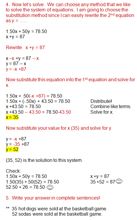 Solving word problems   use substitution or elimination to 